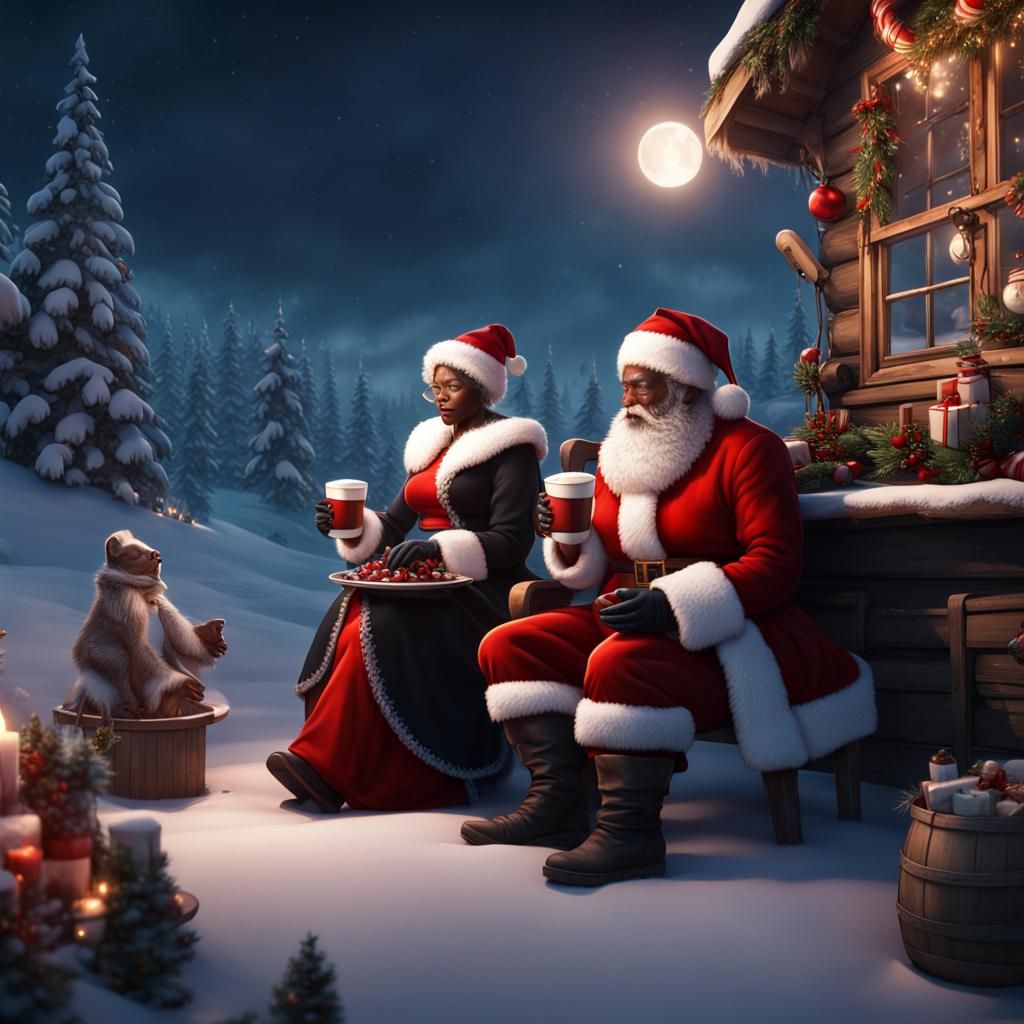 Black Santa Claus Couple Sipping Cocoa, Detailed Art