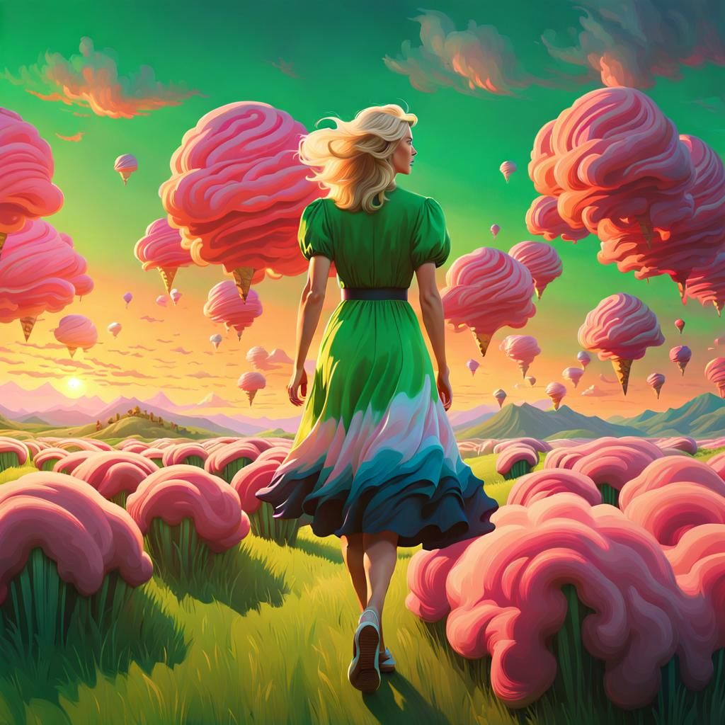 Giant Blonde Lady on Ice Cream Clouds