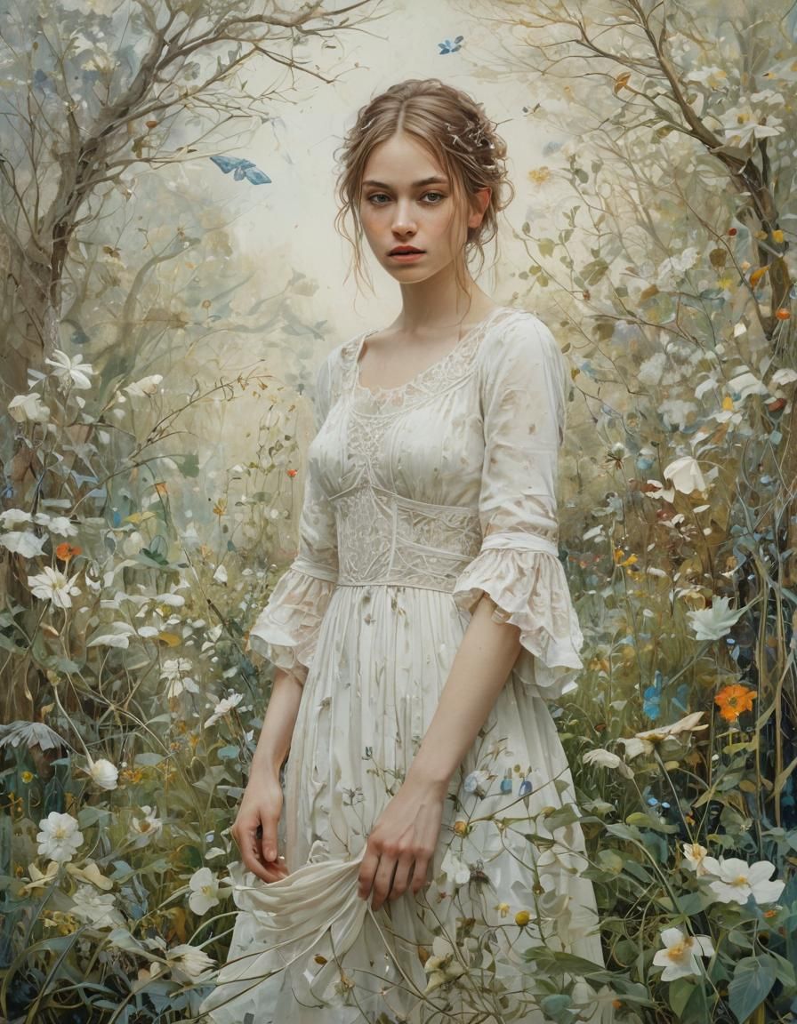 Girl in White Dress in a Blooming Garden