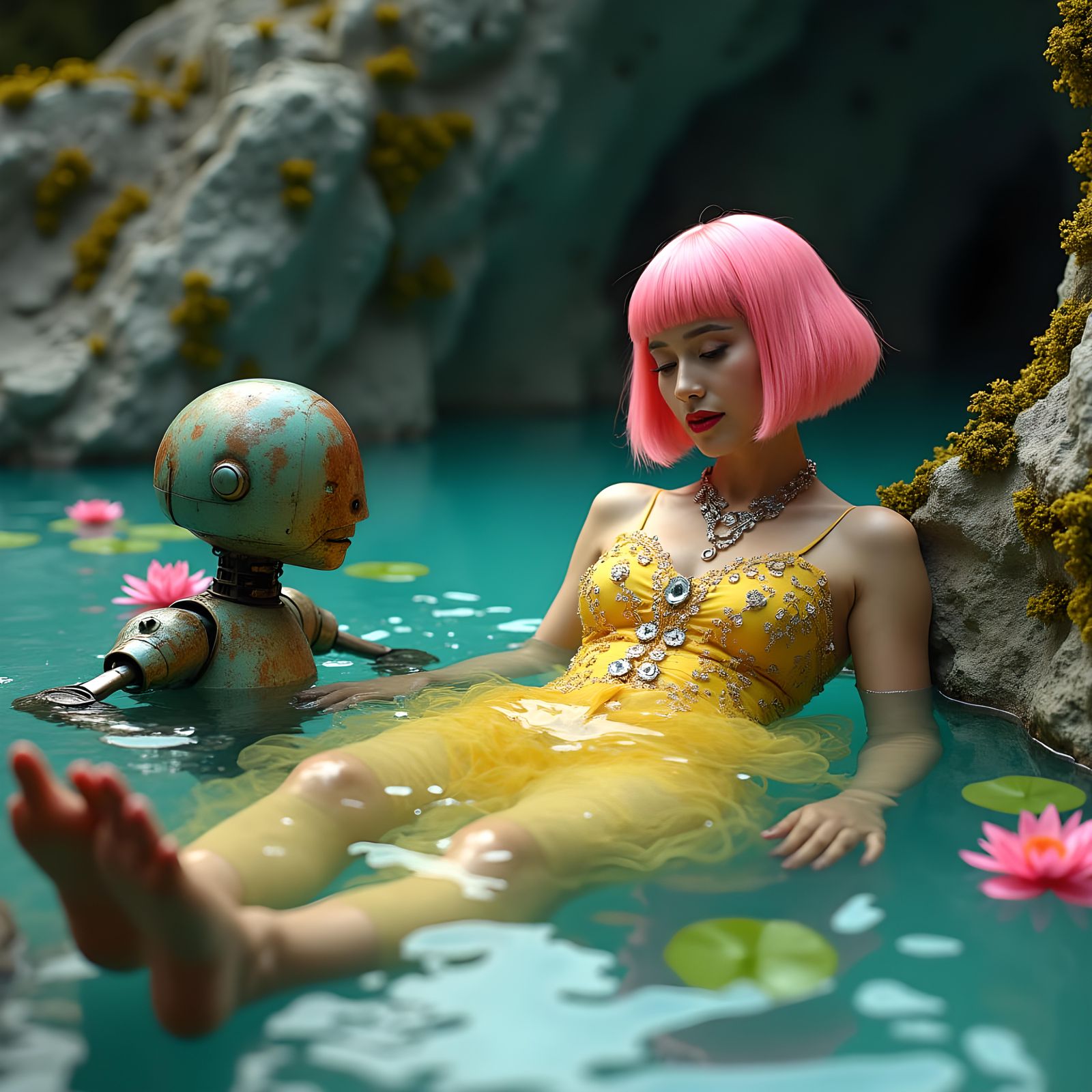 Retro-Futuristic Woman and Robot in Pre-Raphaelite Style