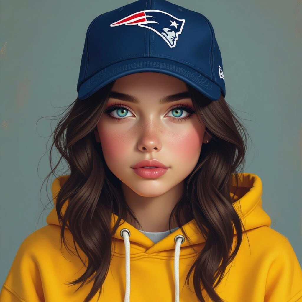 Young Brunette with Blue Yellow Eyes in Patriots Hat