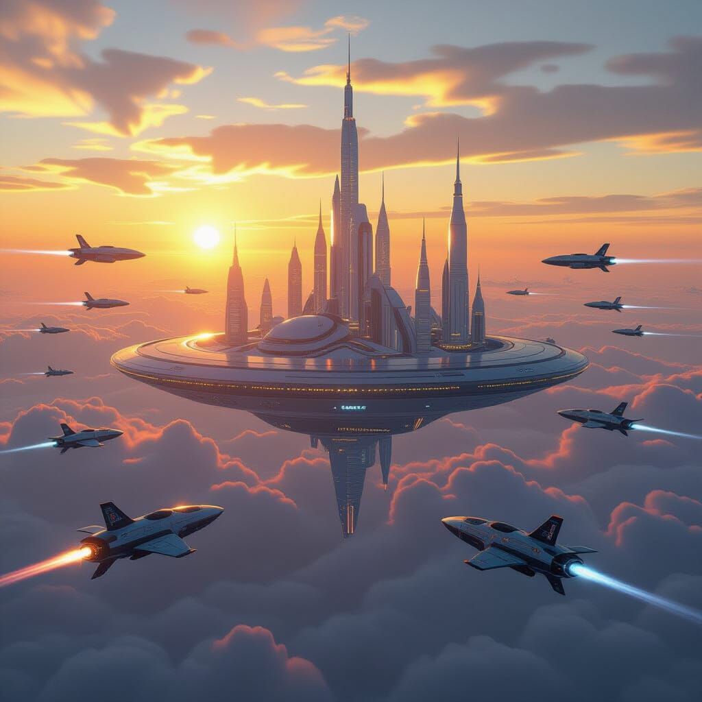Futuristic Floating City Amidst Golden Hour Skies