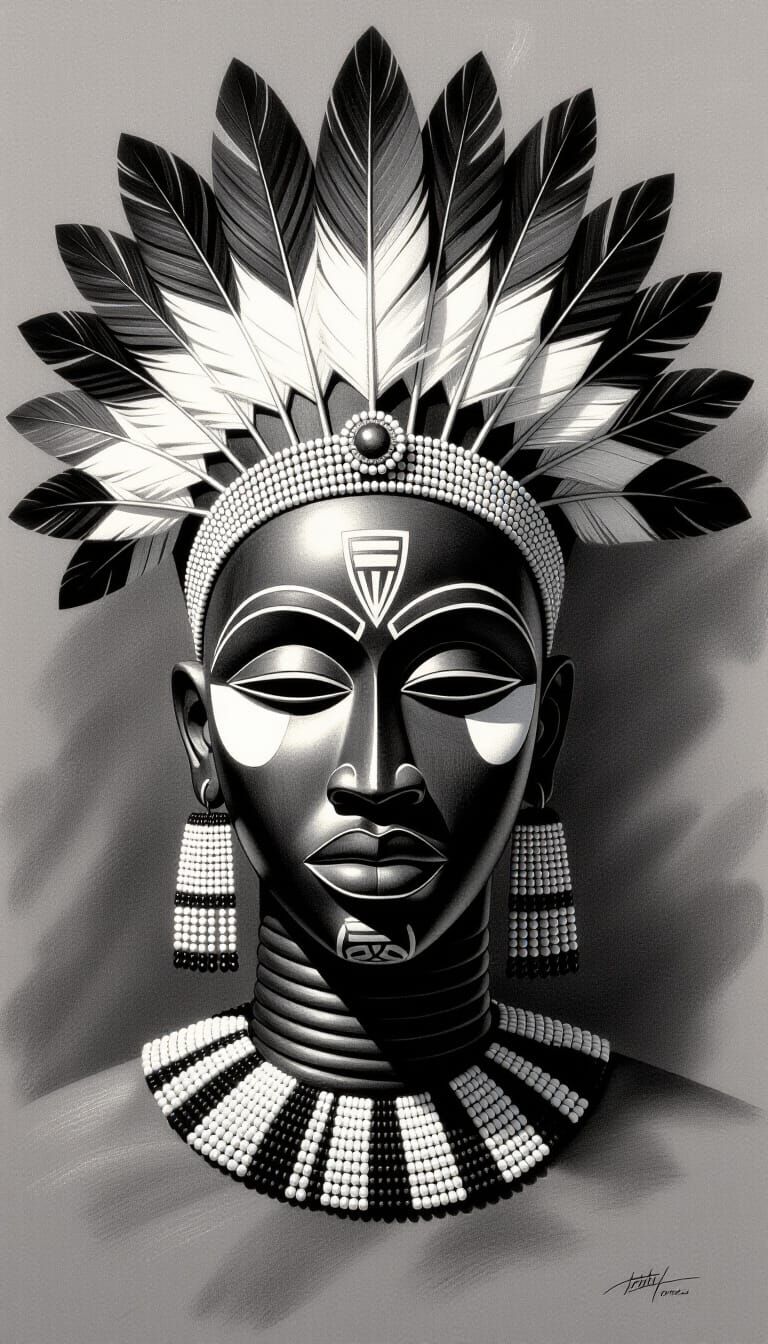 African Ceremonial Mask Drawing in Charcoal and Pastel