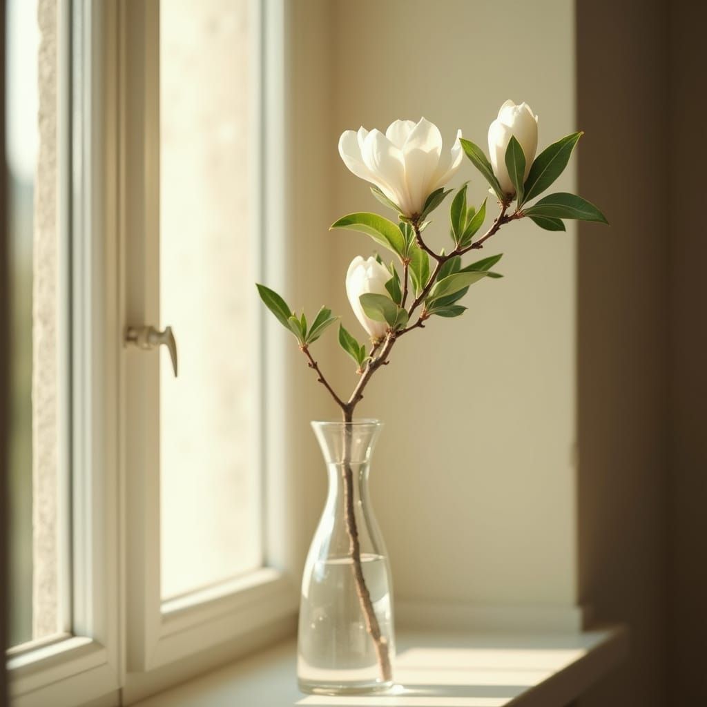 Ethereal Magnolia Bloom in Glass Vase, Minimalist Interior, ...