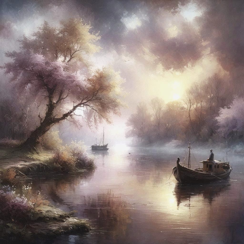River Landscape with Boat and Swan in Spring
