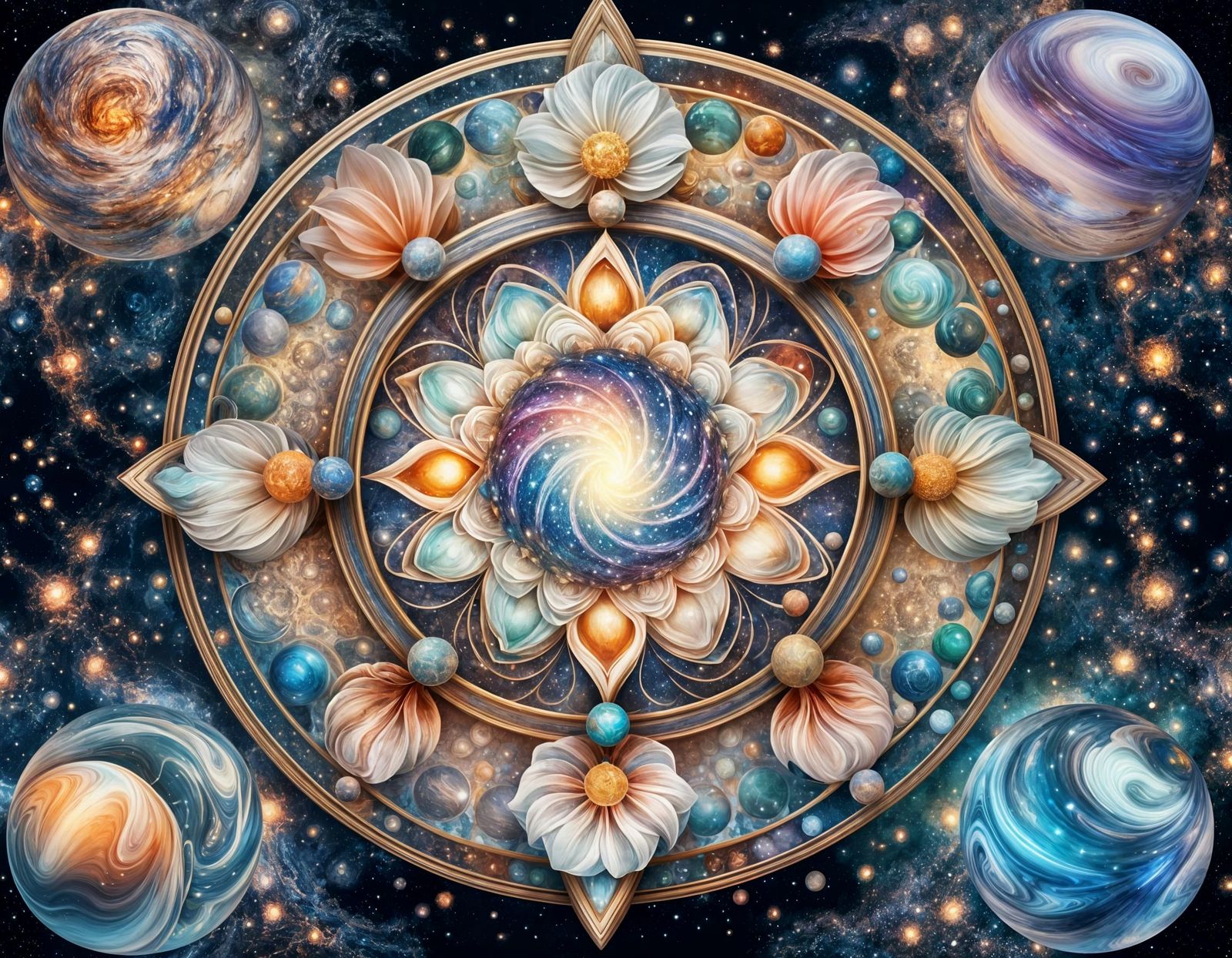 Abstract Universe with Marbles and Flowers