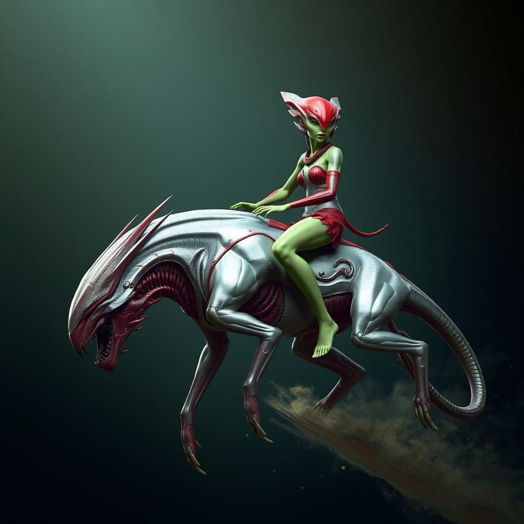 Ethereal Green Alien on Mythical Mount in Dreamlike Landscap...