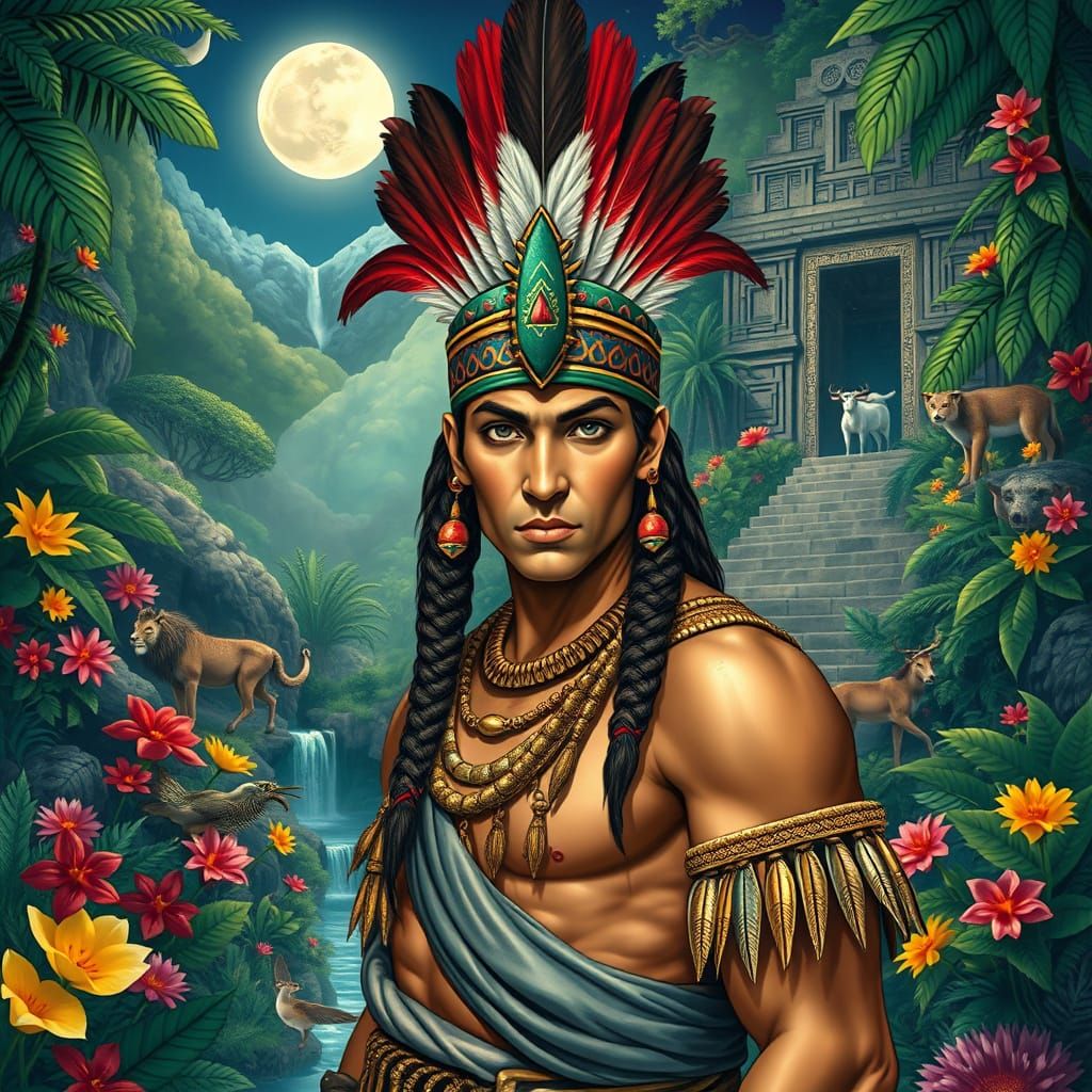 Inca Warrior in Jungle with Temple, Ethereal Style