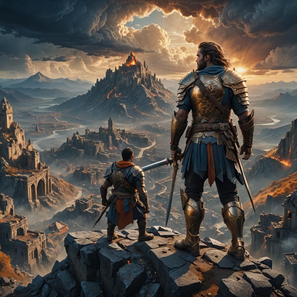 Heroic Warrior on Mountain Peak in Ruins