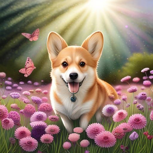 Joyful Corgi Puppy in Anime Flower Field