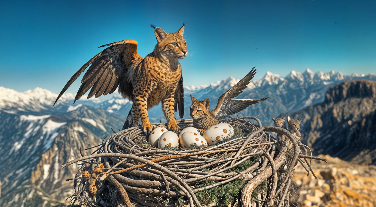Majestic Savannah Cat-Eagle Hybrid Protecting its Hatchlings