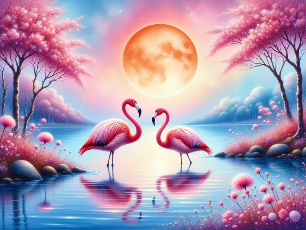 Serene Flamingos in Vibrant Sunset Glow