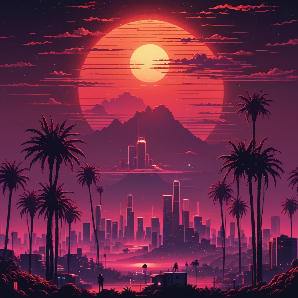 Retrowave Pixel Art of a Red Sun Over LA
