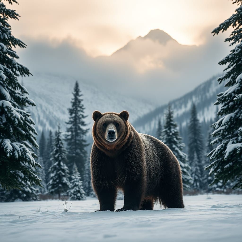 Grizzly Bear in Winter Landscape, Hyperrealistic Detail