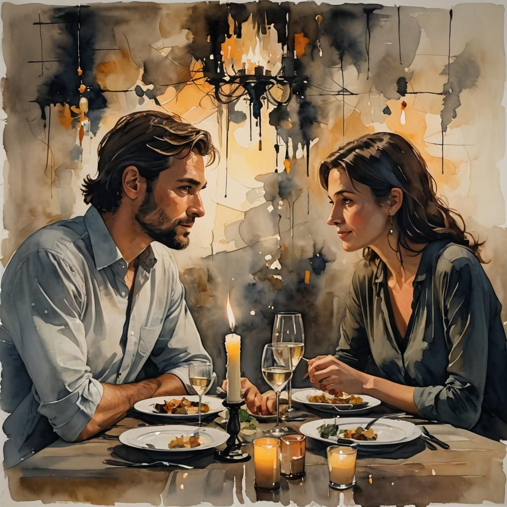 Romantic Couple Dinner in Lyrical Abstraction Style