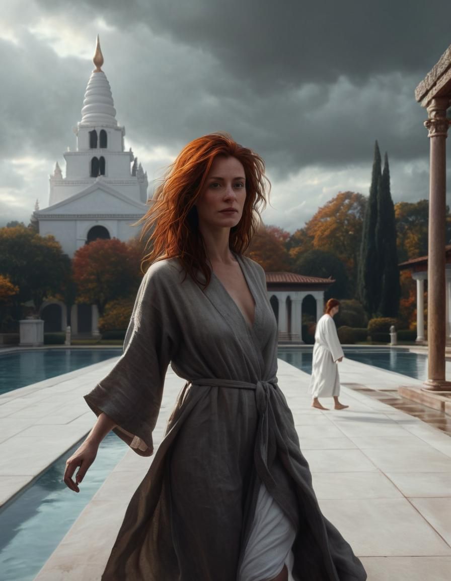 Renaissance Woman by Temple Pool: Oil on Canvas