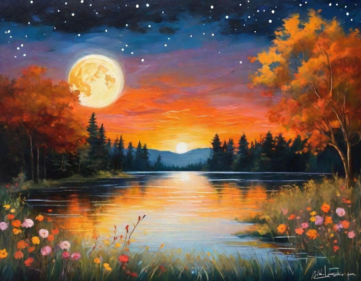 Harvest Moon Over Serene Lake: Romantic Landscape Painting