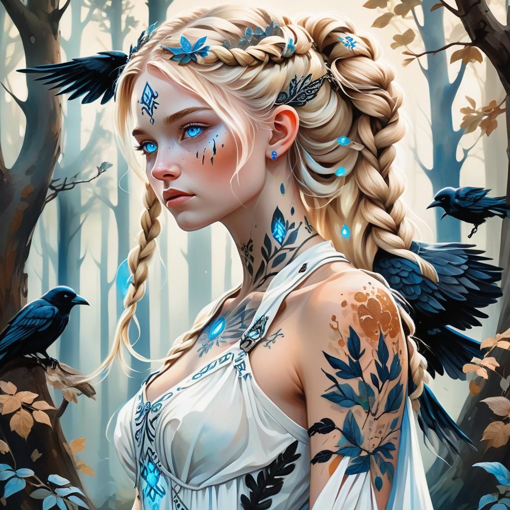 Nordic Nymph Portrait in Fairy Forest Illustration