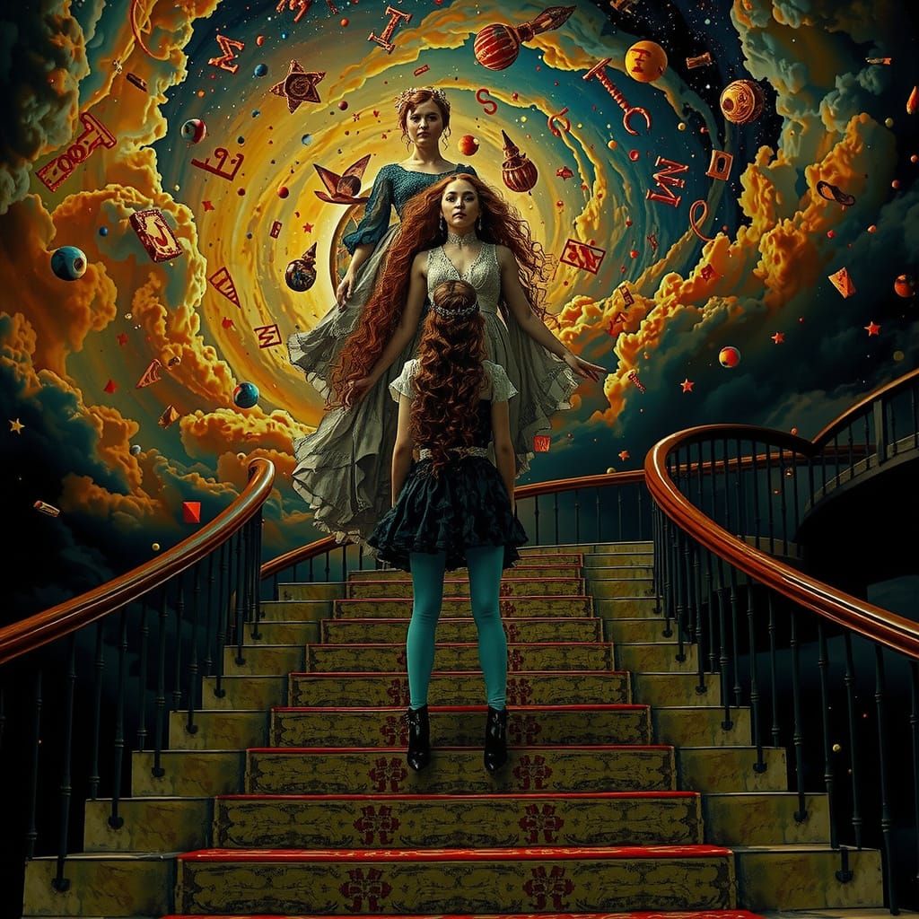 Three Sisters Ascend Celestial Staircase in Hyperrealistic S...