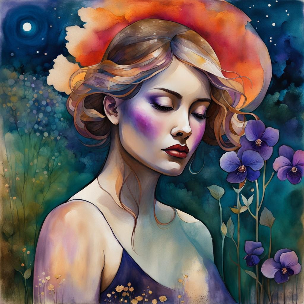 Woman in Countryside: Layered Digital Watercolor Illustratio...