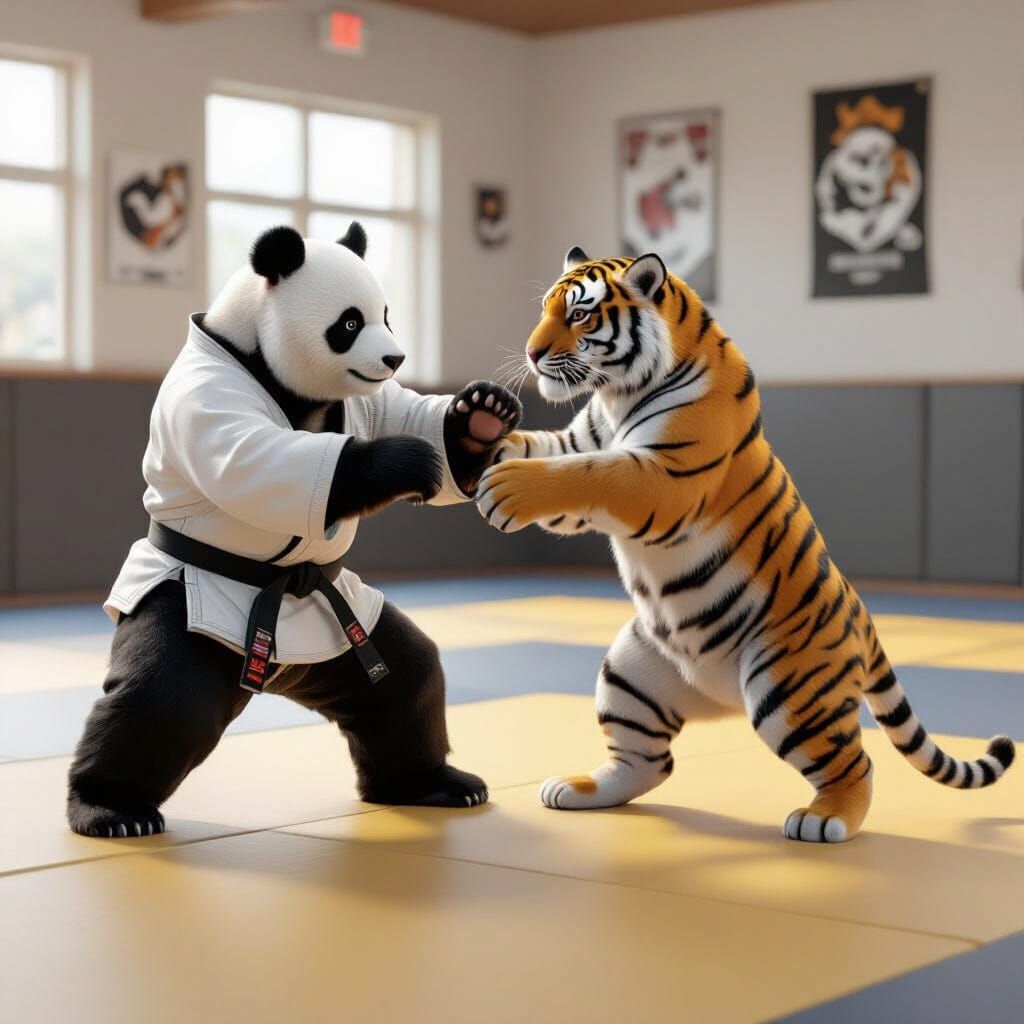 Panda and Tiger Sparring in Jiu Jitsu Academy
