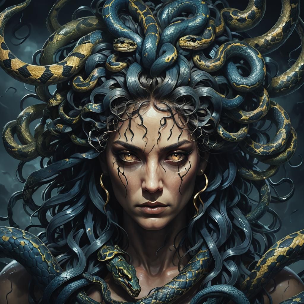 Medusa Portrait with Venomous Snake Hair in Dark Fantasy Art