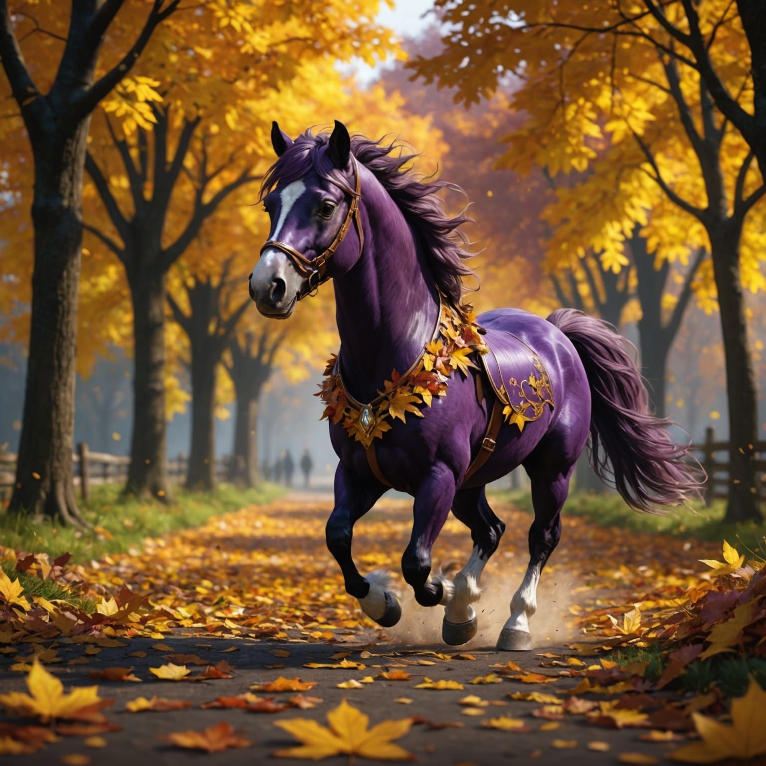 Chestnut Pony in Autumn Leaves, Dark Fantasy Art