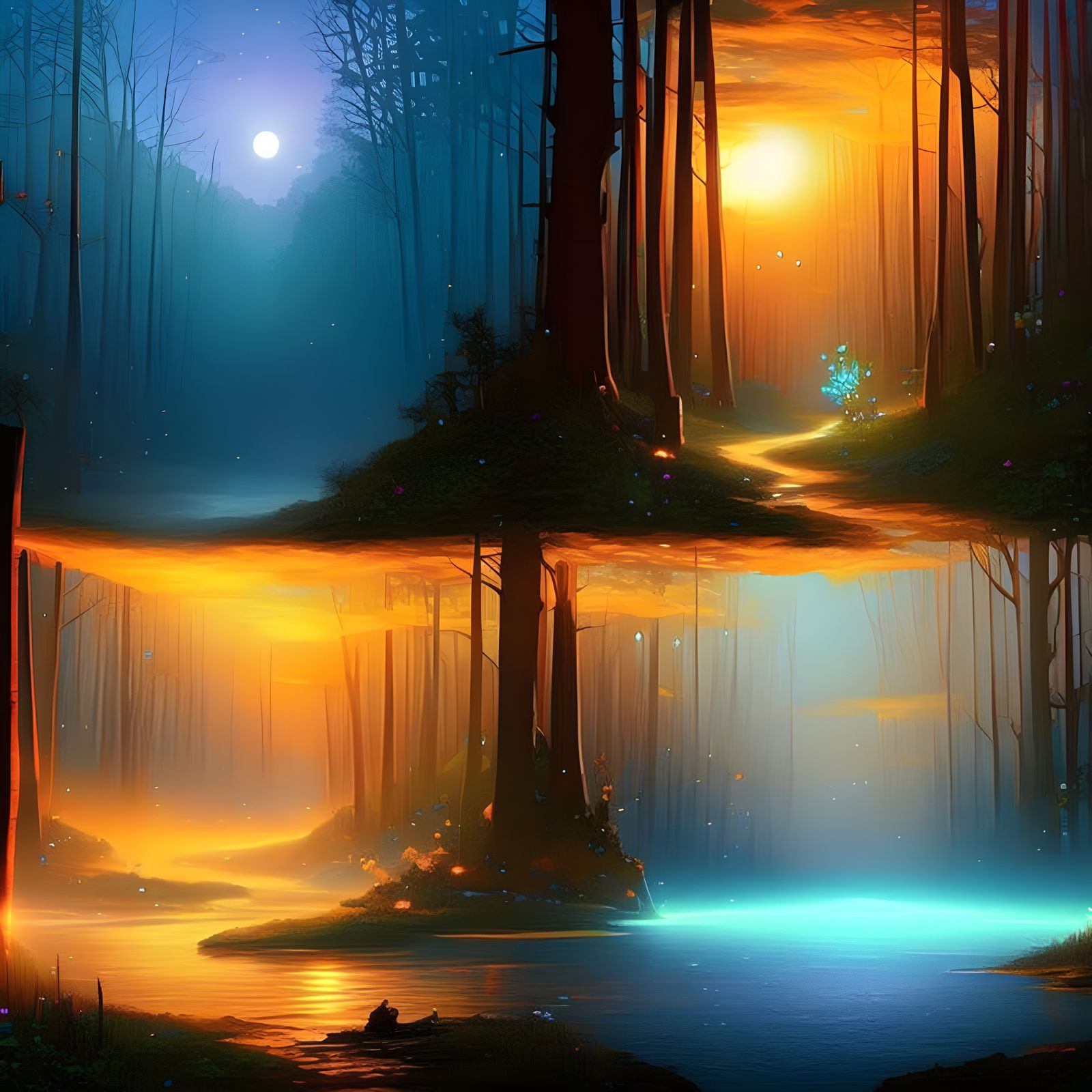 Bioluminescent Forest Path at Night in Hyperdetailed Digital...