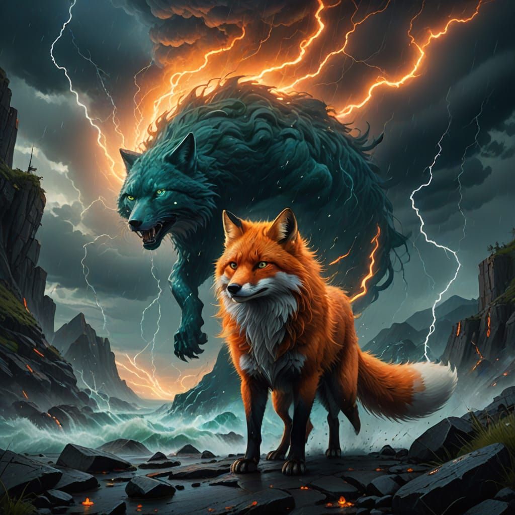 Fiery Fox Dominates Stormy Skies in Cyberpunk Fantasy