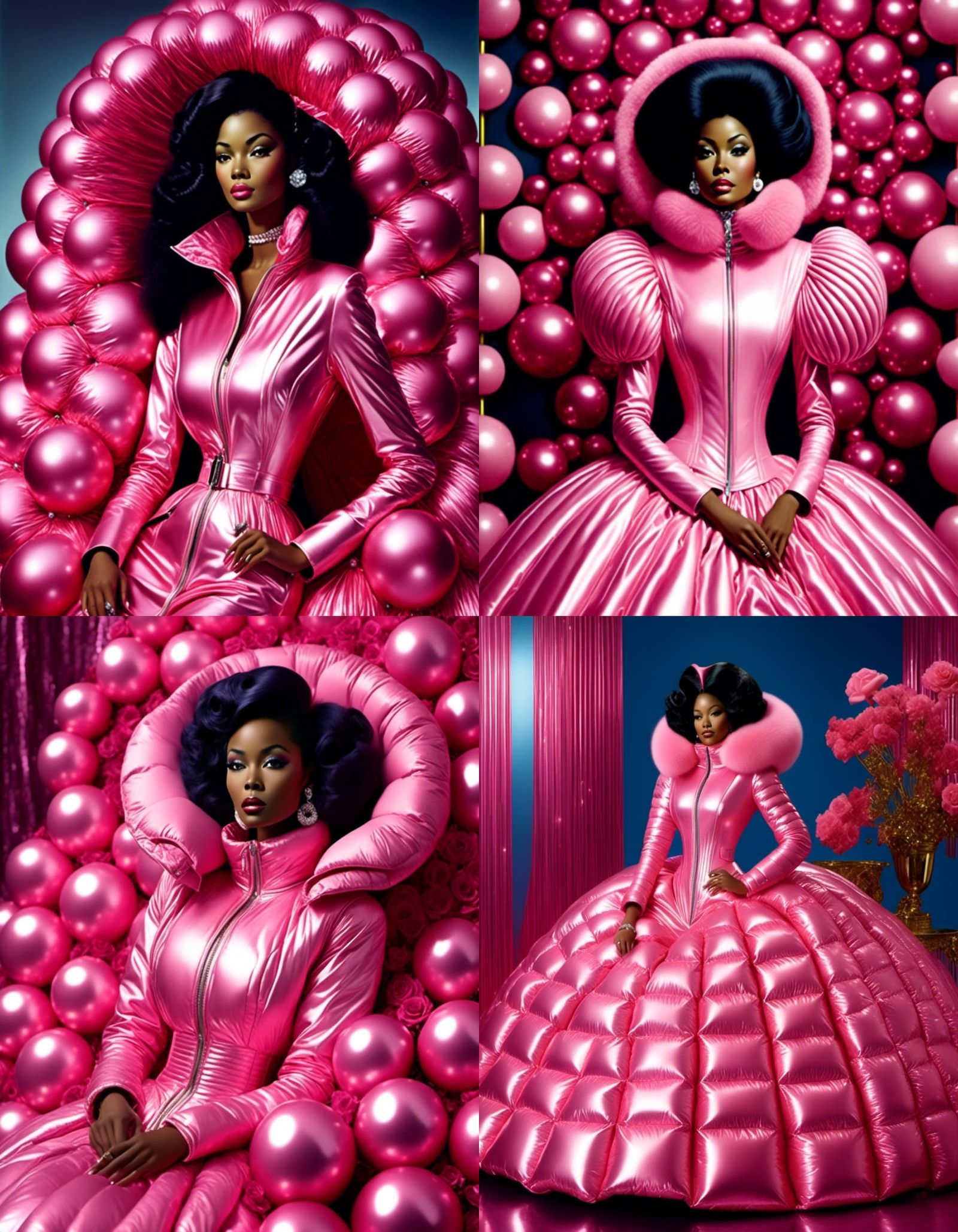 Woman in Shiny Pink Latex Puffer Gown