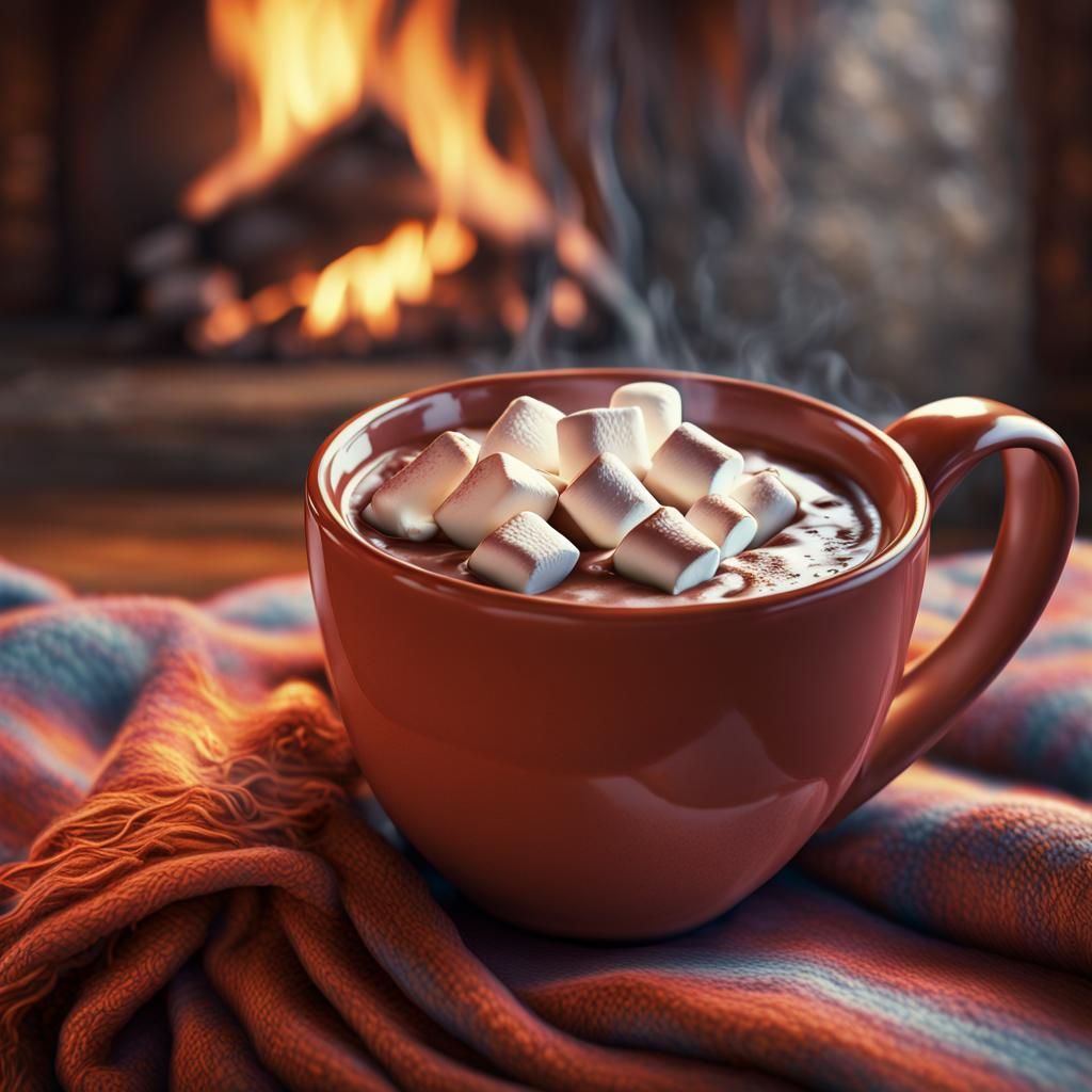 Hyperrealistic Hot Chocolate by Fireplace