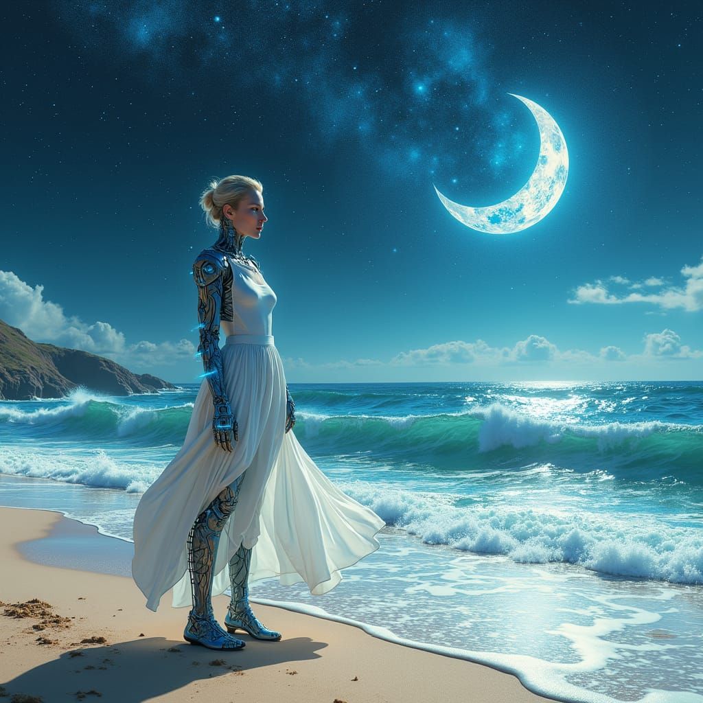 Cyborg on Starry Beach with Vector Fractals