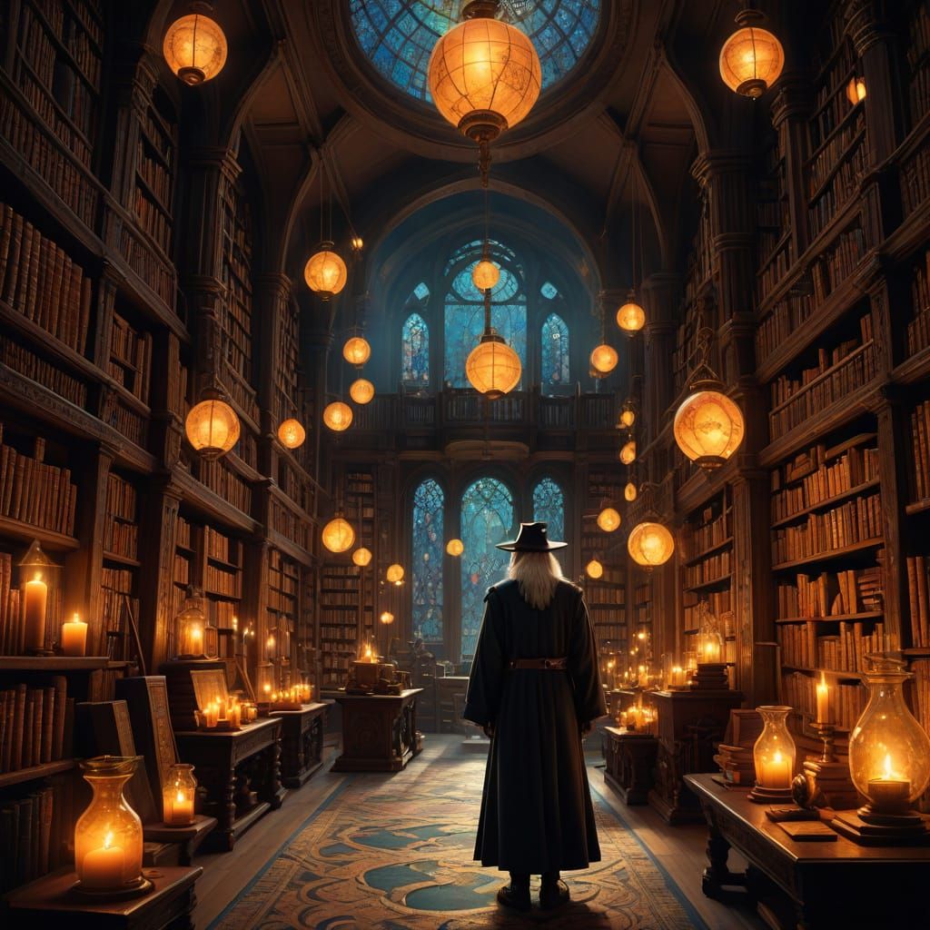 Mystical Wizard in a Glowing, Ancient Library
