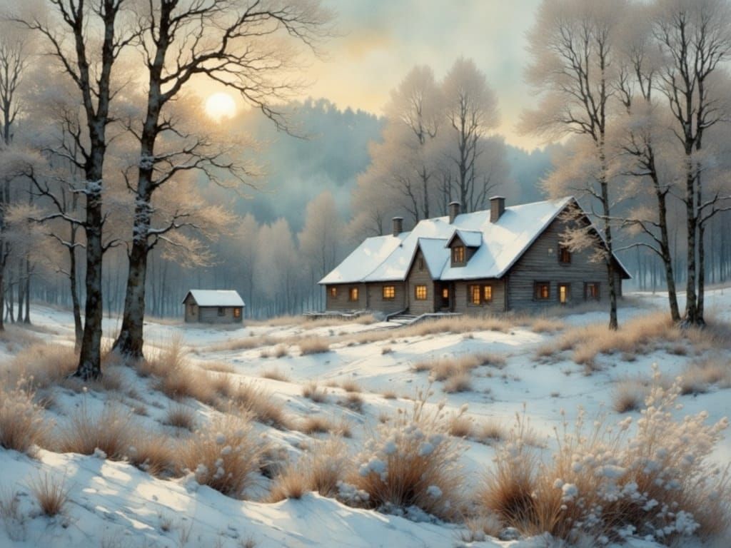 Enchanted Snowy Landscape with Ethereal Frozen Grasses