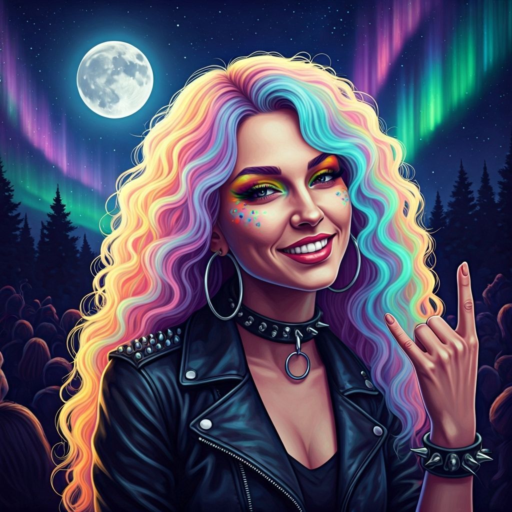 Rock and Roll Girl with Rainbow Curls Under Starry Sky