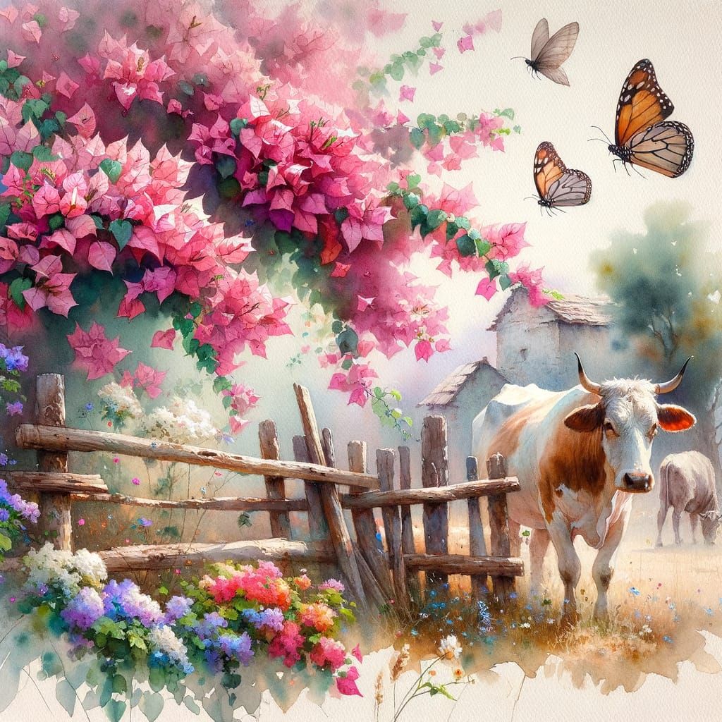 delicate beauty of Bougainvillea and fluttering butterflies,...