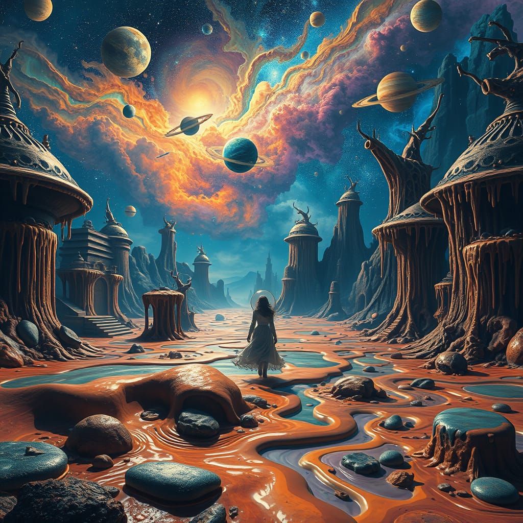 Surreal Alien Landscape with Flowing Spacesuit, Daliesque St...