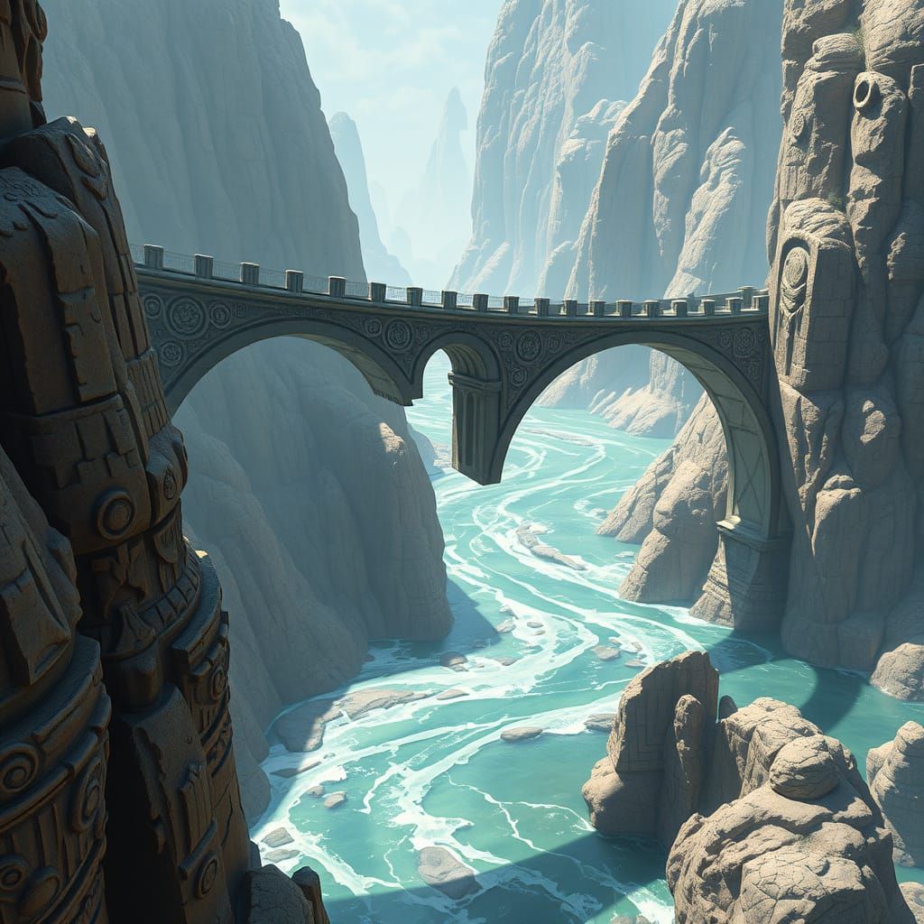 Mystical Bridge Over Turquoise River, in Retro-Futuristic St...