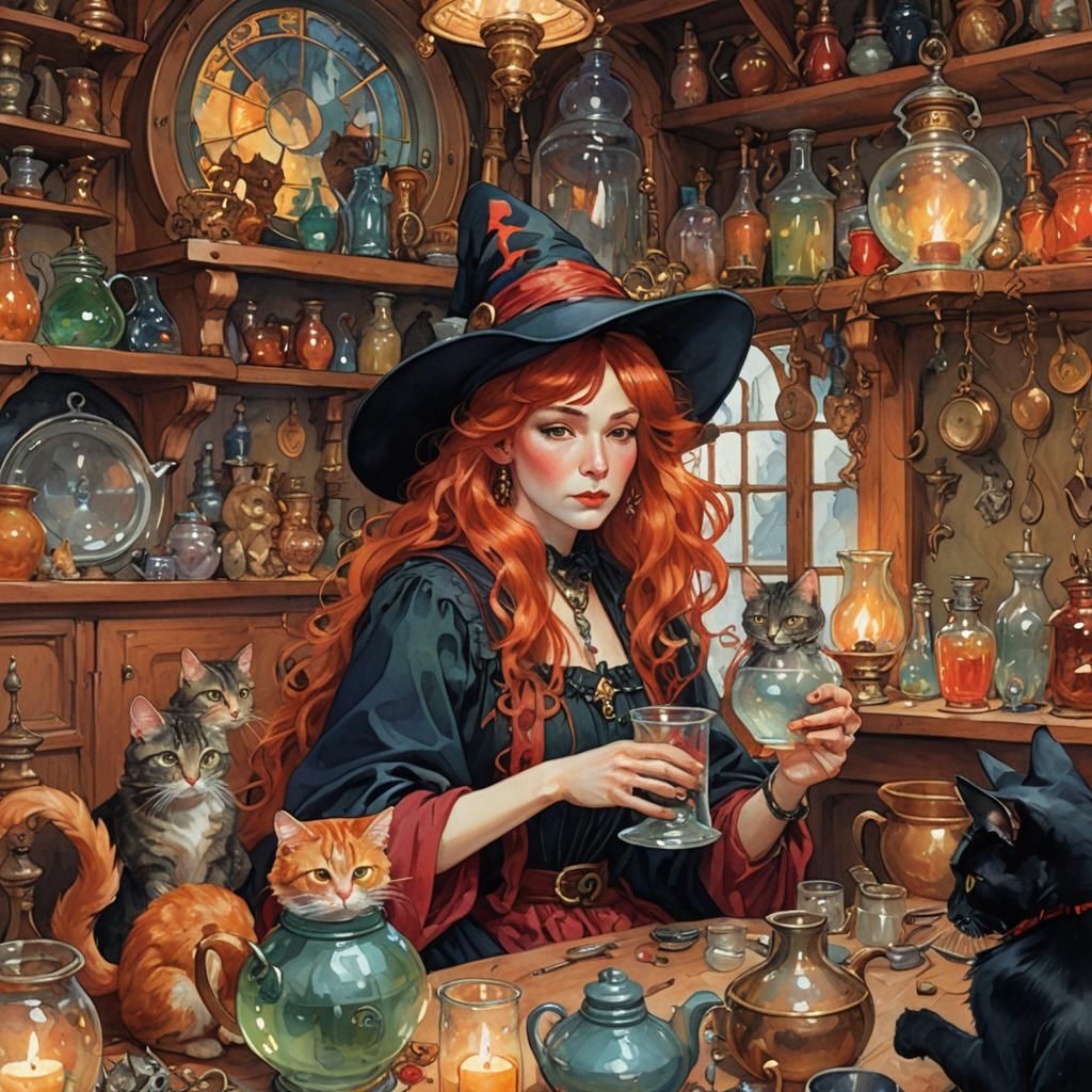 Red-Haired Witch Cottagecore Illustration in Mucha Style