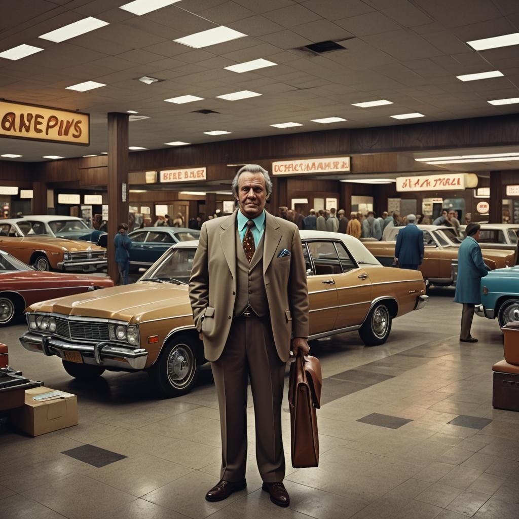 1970s Car Salesman in Showroom: Matte Painting