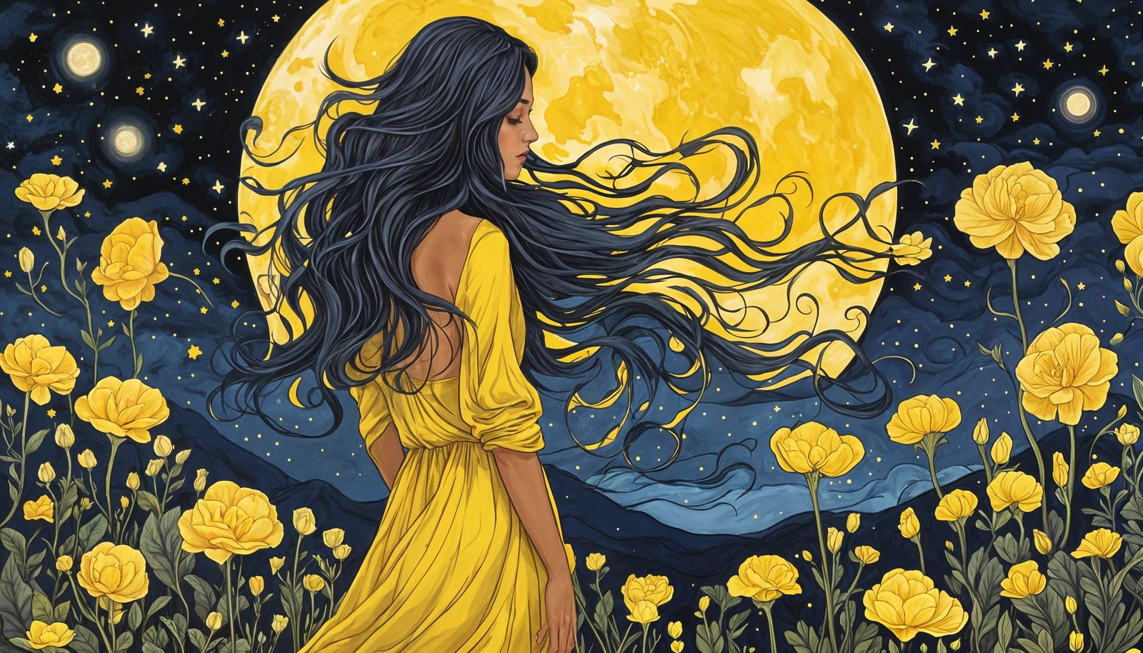 Enchanted Nighttime Goddess Amidst Blooming Flowers