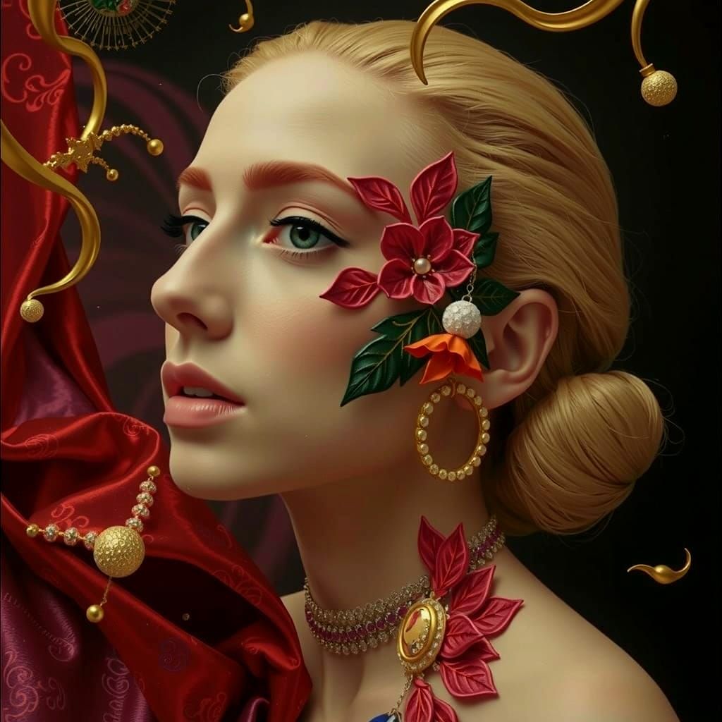 Elegant Woman in Surreal Maximalist Dreamscape