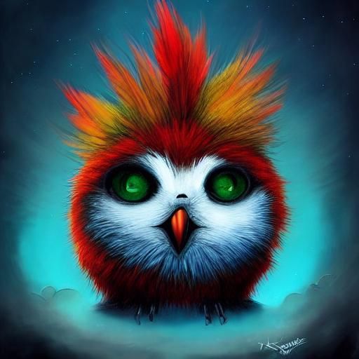 Gothic-Punk Baby Bird in Whimsical Fairytale Scene