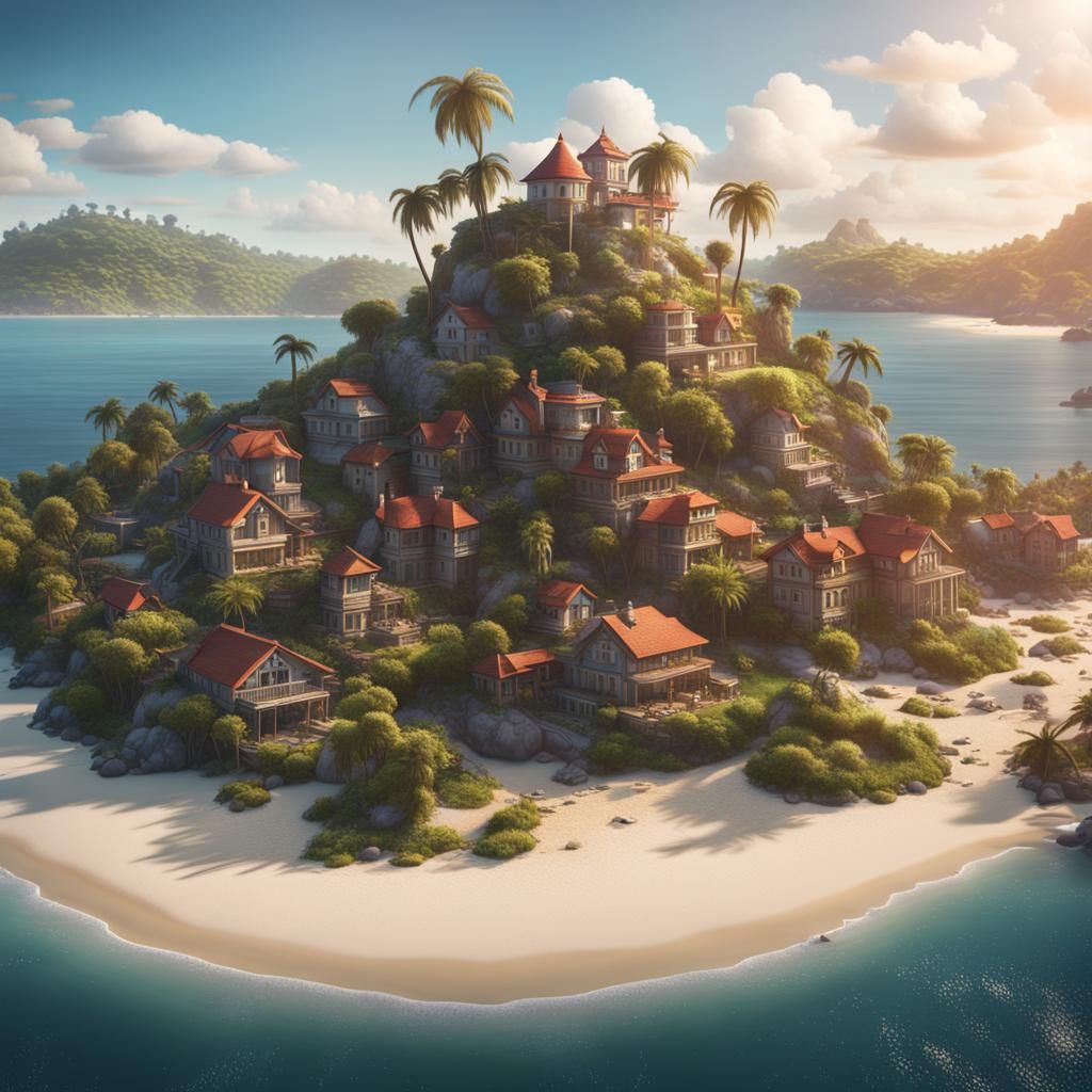 Utopian Island with Modern Houses, Detailed Digital Art