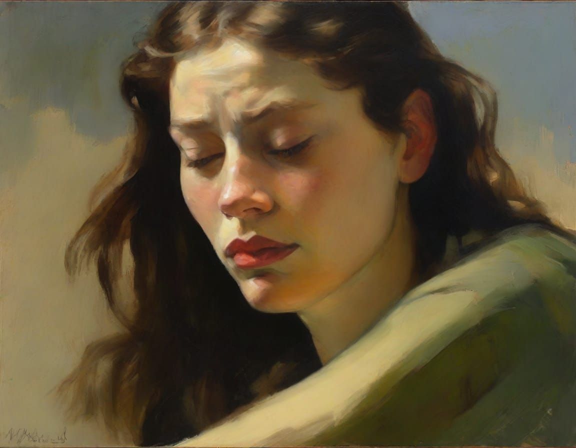 Oil Painting of Exhausted Woman in Muted Tones
