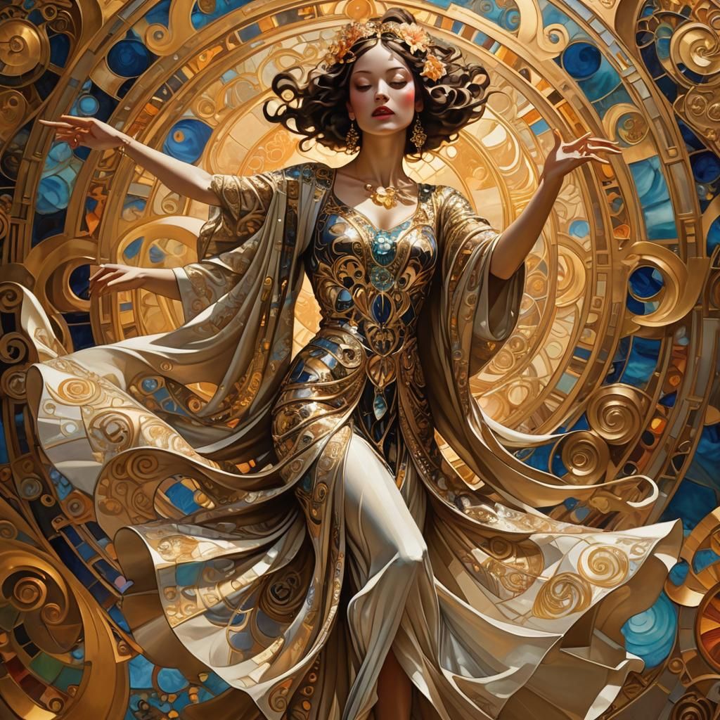 Woman Dancing in Art Deco Style with Swirls