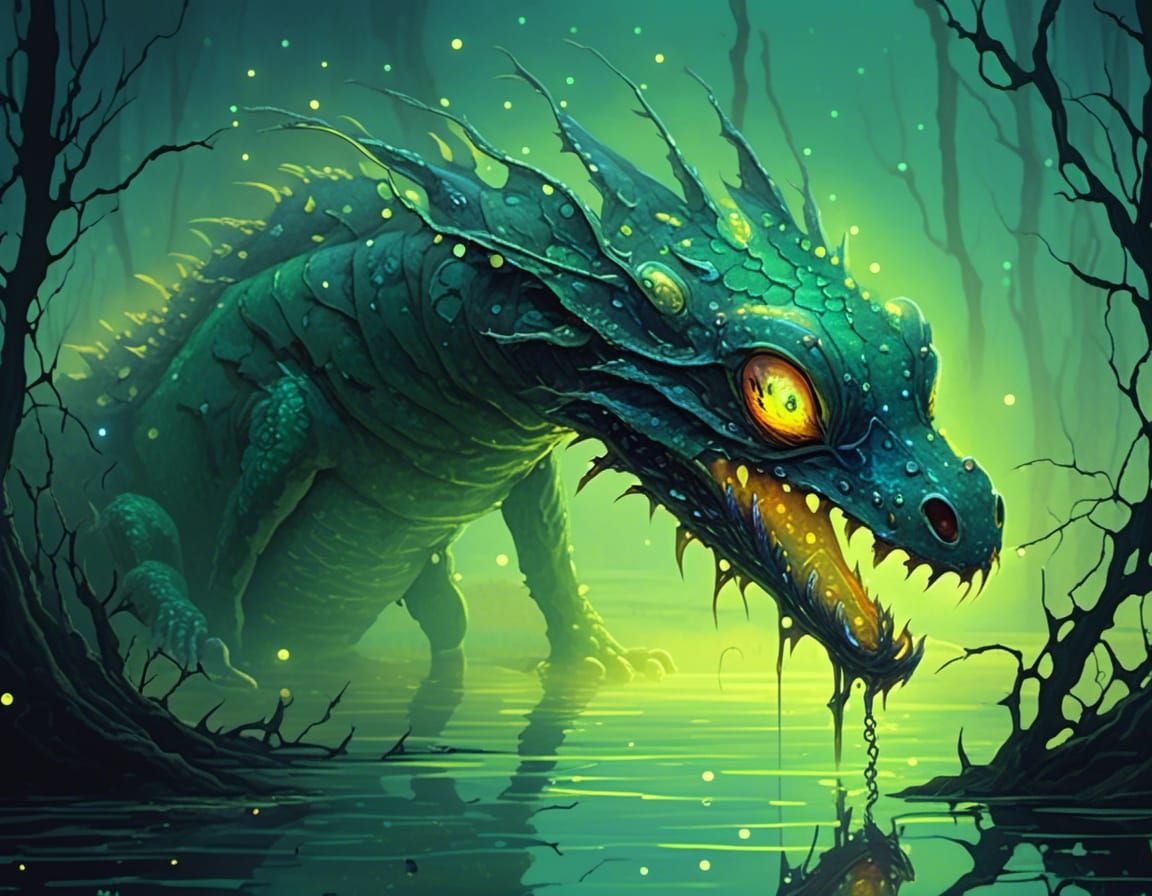 Neon Gothic Salamander-Dragon Emerges from Swamp