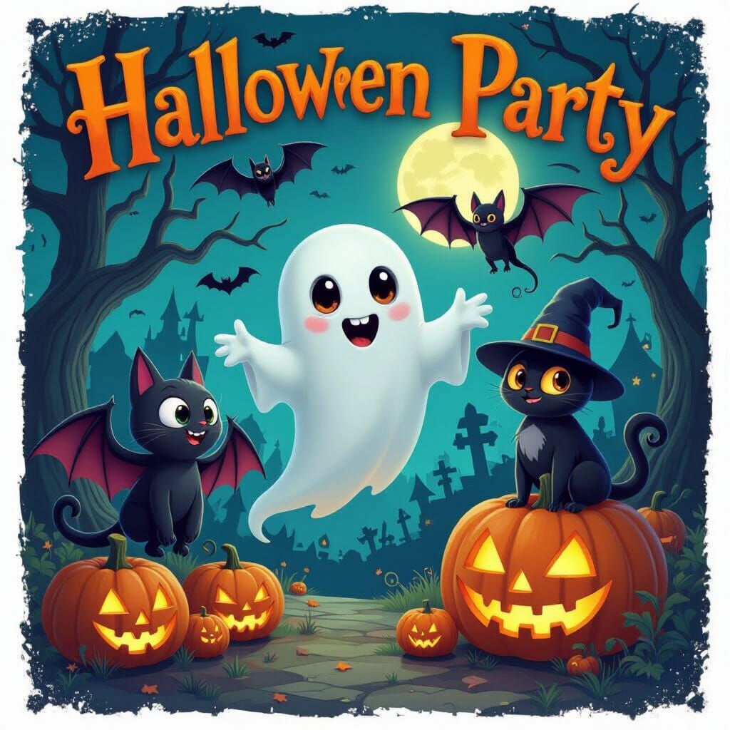 Whimsical Halloween Party Poster with Friendly Characters