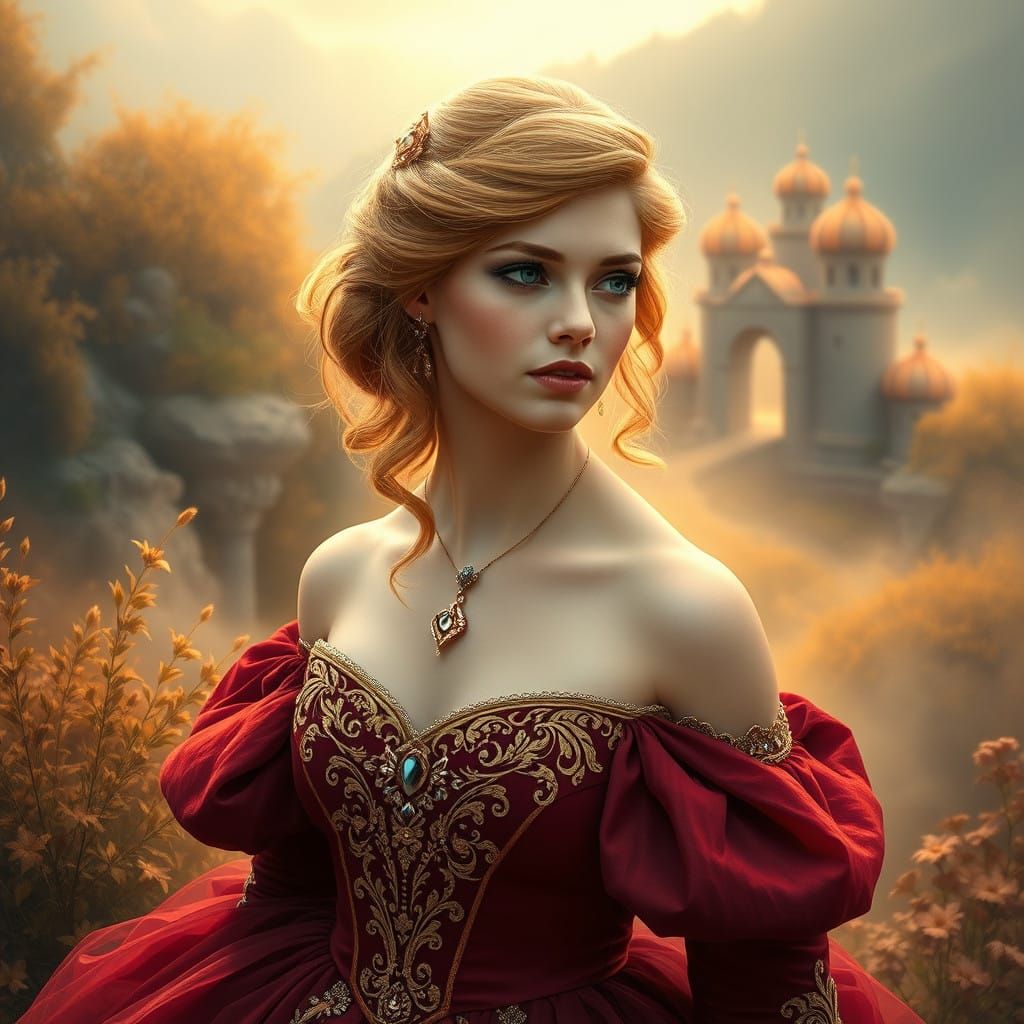 Princess in Enchanting Pre-Raphaelite Landscape with Maroon...