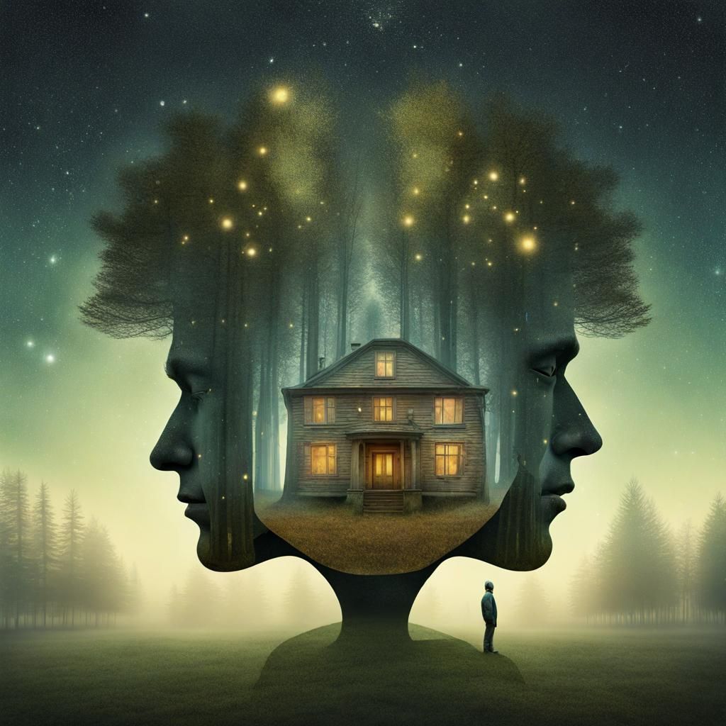 Surreal Double Exposure Face and House